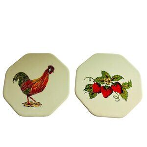 Vintage Cape Craftsmen Tile Trivet Lot of 2 Rooster Strawberries Farmhouse Decor